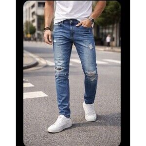 Tommy Hilfiger Men’s Slim Tapered 34x32 Blue Jeans Distressed Ripped Slim Fit